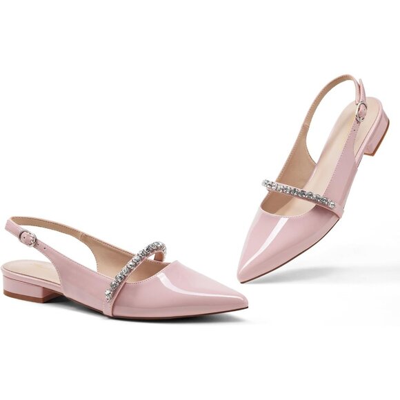 Women Pink Polyurethane (PU) Rhinestone Pointed Toe Slingback Flats Shoes - Picture 3 of 6